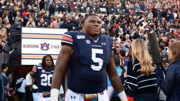 AUBURN, AL - NOVEMBER 16: Auburn Tigers Defensive Tackle Derrick Brown (5) walks onto the field before the game between the Georgia Bulldogs and the Auburn Tigers on November 16, 2019, at Jordan-Hare Stadium in Auburn, AL. (Photo by Jeffrey Vest/Icon Sportswire via Getty Images)