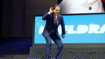 PHILADELPHIA, PA - APRIL 27: Nick Saban, head football coach at the University of Alabama, walks on stage prior to the first round of the 2017 NFL Draft at the Philadelphia Museum of Art on April 27, 2017 in Philadelphia, Pennsylvania. (Photo by Elsa/Getty Images)
