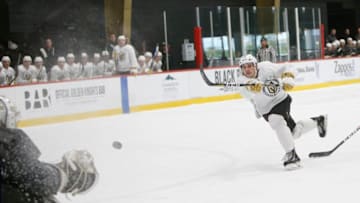 LAS VEGAS, NV - JUNE 29: Vegas Golden Knights Brayden Pachal (94) shoots the puck during a scrimmage game at the Vegas Golden Knights Development Camp Saturday, June 29, 2019, at City National Arena in Las Vegas, NV. (Photo by Marc Sanchez/Icon Sportswire via Getty Images)