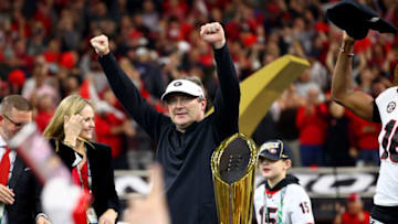 INDIANAPOLIS, IN - JANUARY 10: Head Coach Kirby Smart of the Georgia Bulldogs celebrates after defeating the Alabama Crimson Tide during the College Football Playoff Championship held at Lucas Oil Stadium on January 10, 2022 in Indianapolis, Indiana. (Photo by Jamie Schwaberow/Getty Images)