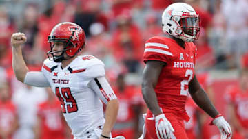 HOUSTON, TX - SEPTEMBER 23: Michael Barden #49 of the Texas Tech Red Raiders celebrates his 39 yard field goal against Duke Catalon #2 of the Houston Cougar in the second quarter at TDECU Stadium on September 23, 2017 in Houston, Texas. (Photo by Thomas B. Shea/Getty Images)