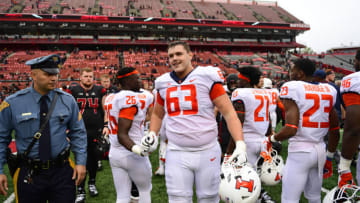 PISCATAWAY, NJ - OCTOBER 06: Alex Palczewski #63 of the Illinois Fighting Illini greet other players after the game against the Rutgers Scarlet Knights at HighPoint.com Stadium on October 6, 2018 in Piscataway, New Jersey. Illinois won 38-17. (Photo by Corey Perrine/Getty Images)