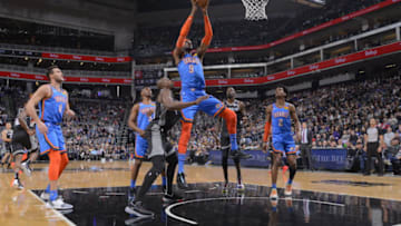 SACRAMENTO, CA - JANUARY 29: Nerlens Noel #9 of the Oklahoma City Thunder shoots the ball against the Sacramento Kings on January 29, 2020 at Golden 1 Center in Sacramento, California. NOTE TO USER: User expressly acknowledges and agrees that, by downloading and or using this Photograph, user is consenting to the terms and conditions of the Getty Images License Agreement. Mandatory Copyright Notice: Copyright 2020 NBAE (Photo by Rocky Widner/NBAE via Getty Images)