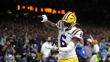 NEW ORLEANS, LOUISIANA - JANUARY 13: Terrace Marshall Jr. #6 of the LSU Tigers celebrates his touchdown against Clemson Tigers in the College Football Playoff National Championship game at Mercedes Benz Superdome on January 13, 2020 in New Orleans, Louisiana. (Photo by Chris Graythen/Getty Images)