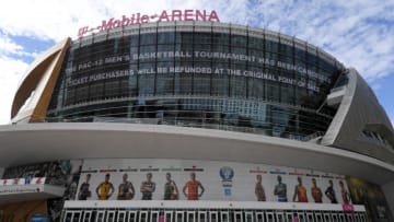 LAS VEGAS, NEVADA - MARCH 12: A message on an LED video wall informs fans of the cancellation of the Pac-12 Conference men's basketball tournament at T-Mobile Arena on March 12, 2020 in Las Vegas, Nevada. The tournament was canceled in an effort to limit the spread of the coronavirus (COVID-19). (Photo by Ethan Miller/Getty Images)