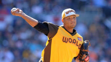 Jul 10, 2016; San Diego, CA, USA; World pitcher Joe Jimenez throws to first base in the second inning during the All Star Game futures baseball game at PetCo Park. Mandatory Credit: Gary A. Vasquez-USA TODAY Sports