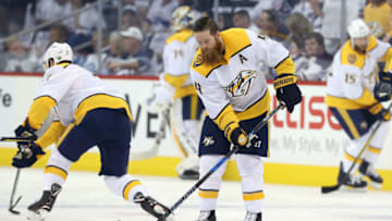 WINNIPEG, MANITOBA - MAY 7: Ryan Ellis #4 of the Nashville Predators warms up prior to Game Six of the Western Conference Second Round during the 2018 NHL Stanley Cup Playoffs against the Winnipeg Jets on May 7, 2018 at Bell MTS Place in Winnipeg, Manitoba, Canada. (Photo by Jason Halstead /Getty Images) *** Local Caption *** Ryan Ellis