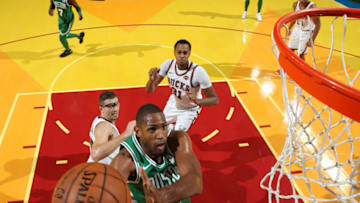 Milwaukee, WI - OCTOBER 26: Al Horford #42 of the Boston Celtics shoots the ball during the game against the Milwaukee Bucks on October 26, 2017 at the UW-Milwaukee Panther Arena in Milwaukee, Wisconsin. NOTE TO USER: User expressly acknowledges and agrees that, by downloading and or using this Photograph, user is consenting to the terms and conditions of the Getty Images License Agreement. Mandatory Copyright Notice: Copyright 2017 NBAE (Photo by Gary Dineen/NBAE via Getty Images)