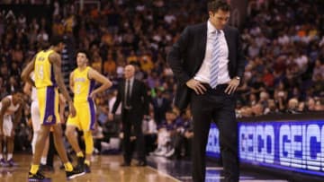 PHOENIX, AZ - NOVEMBER 13: Head coach Luke Walton of the Los Angeles Lakers reacts during the NBA game against the Phoenix Suns at Talking Stick Resort Arena on November 13, 2017 in Phoenix, Arizona. The Lakers defeated the Suns 100-93. NOTE TO USER: User expressly acknowledges and agrees that, by downloading and or using this photograph, User is consenting to the terms and conditions of the Getty Images License Agreement. (Photo by Christian Petersen/Getty Images)