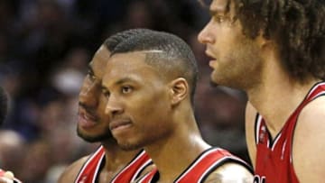 May 14, 2014; San Antonio, TX, USA; Portland Trail Blazers players during a timeout against the San Antonio Spurs in game five of the second round of the 2014 NBA Playoffs at AT&T Center. The Spurs won 104-82. Mandatory Credit: Soobum Im-USA TODAY Sports