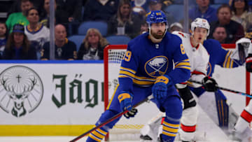 Apr 5, 2022; Buffalo, New York, USA; Buffalo Sabres right wing Alex Tuch (89) looks to block a shot during the second period against the Carolina Hurricanes at KeyBank Center. Mandatory Credit: Timothy T. Ludwig-USA TODAY Sports