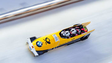Winner Pilot Johannes Lochner with Marc Rademacher, Joshua Bluhm and Christian Rasp of Germany compete during the 2nd run of the four-man Bobsleigh event within the 2017-2018 IBSF World Cup Bobsled and Skeleton series on December 17, 2017 at the Olympic Bobsleigh Run in Innsbruck/Igls ahead of the 2018 Olympic Winter Games, which will be held in February in South Korea. / AFP PHOTO / APA / Johann GRODER / Austria OUT (Photo credit should read JOHANN GRODER/AFP/Getty Images)