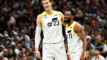 SALT LAKE CITY, UTAH - FEBRUARY 06: Lauri Markkanen #23 and Mike Conley #11 of the Utah Jazz look on during the first half of a game against the Dallas Mavericks at Vivint Arena on February 06, 2023 in Salt Lake City, Utah. NOTE TO USER: User expressly acknowledges and agrees that, by downloading and or using this photograph, User is consenting to the terms and conditions of the Getty Images License Agreement. (Photo by Alex Goodlett/Getty Images)