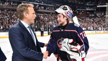 COLUMBUS, OH - APRIL 16: Goaltender Sergei Bobrovsky #72 of the Columbus Blue Jackets shakes hands with Head Coach Jon Cooper of the Tampa Bay Lightning following Game Four of the Eastern Conference First Round during the 2019 NHL Stanley Cup Playoffs on April 16, 2019 at Nationwide Arena in Columbus, Ohio. Columbus defeated Tampa Bay 7-3 to win the series 4-0. (Photo by Jamie Sabau/NHLI via Getty Images)