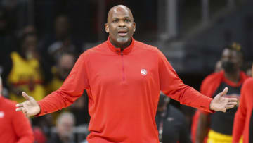 Dec 3, 2021; Atlanta, Georgia, USA; Atlanta Hawks head coach Nate McMillan shows emotion against the Philadelphia 76ers in the second half at State Farm Arena. Mandatory Credit: Brett Davis-USA TODAY Sports