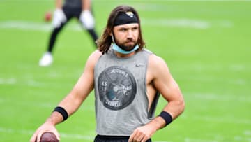 JACKSONVILLE, FLORIDA - NOVEMBER 29: Gardner Minshew #15 of the Jacksonville Jaguars warms up prior to their game against the Cleveland Browns at TIAA Bank Field on November 29, 2020 in Jacksonville, Florida. (Photo by Julio Aguilar/Getty Images)