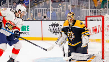 BOSTON, MA - NOVEMBER 12: Florida Panthers center Mike Hoffman (68) looks for rebound as shot is saved by Boston Bruins goaltender Tuukka Rask (40) during the Florida Panthers and Boston Bruins NHL game on November 12, 2019, at TD Garden in Boston, MA. (Photo by John Crouch/Icon Sportswire via Getty Images)