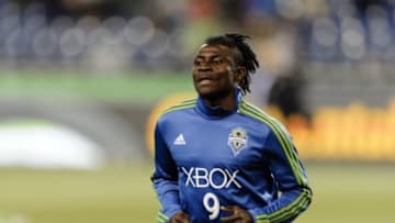 Oct 28, 2015; Seattle, WA, USA; Seattle Sounders FC forward Obafemi Martins (9) during pregame warmups prior to the game against the Los Angeles Galaxy at CenturyLink Field. Mandatory Credit: Steven Bisig-USA TODAY Sports