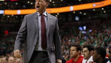 Apr 22, 2016; Boston, MA, USA; Atlanta Hawks head coach Mike Budenholzer watches from the sideline during the second quarter as they take on the Boston Celtics in game three of the first round of the NBA Playoffs at TD Garden. Mandatory Credit: David Butler II-USA TODAY Sports