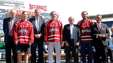 Brian MacLellan, Nicklas Backstrom, Dick Patrick, Alex Ovechkin, Gary Bettman, Braden Holtby, Ted Leonsis, Washington Capitals Mandatory Credit: Geoff Burke-USA TODAY Sports