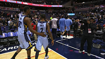 WASHINGTON, DC - MARCH 12: Russ Smith #2 of the Memphis Grizzlies and teammate Jeff Green #32 walk off the court after losing to the Washington Wizards at Verizon Center on March 12, 2015 in Washington, DC. NOTE TO USER: User expressly acknowledges and agrees that, by downloading and or using this photograph, User is consenting to the terms and conditions of the Getty Images License Agreement. (Photo by Patrick Smith/Getty Images)