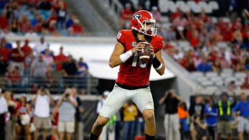Oct 29, 2016; Jacksonville, FL, USA; Georgia Bulldogs quarterback Jacob Eason (10) drops back against the Florida Gators during the second half at EverBank Field. Florida Gators defeated the Georgia Bulldogs 24-10. Mandatory Credit: Kim Klement-USA TODAY Sports