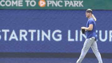 Jul 18, 2021; Pittsburgh, Pennsylvania, USA; New York Mets pitcher Noah Syndergaard ((34) walks in the outfield before the game against the Pittsburgh Pirates at PNC Park. Mandatory Credit: Charles LeClaire-USA TODAY Sports