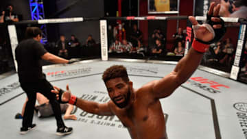 LAS VEGAS, NV - JUNE 12: Chris Curtis celebrates after his TKO victory over Sean Lally in their welterweight bout during Dana White's Tuesday Night Contender Series at the TUF Gym on June 12, 2018 in Las Vegas, Nevada. (Photo by Jeff Bottari/DWTNCS LLC)