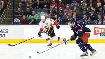 COLUMBUS, OH - NOVEMBER 22: Columbus Blue Jackets center Tyler Motte (64) sprints with the puck in the second period of a game between the Columbus Blue Jackets and the Calgary Flames on November 22, 2017, at Nationwide Arena in Columbus, OH.(Photo by Adam Lacy/Icon Sportswire via Getty Images)