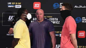 ABU DHABI, UNITED ARAB EMIRATES - SEPTEMBER 25: In this handout image provided by UFC, (L-R) Opponents William Knight and Aleksa Camur face off during the UFC 253 weigh-in on September 25, 2020 at Flash Forum on UFC Fight Island, Abu Dhabi, United Arab Emirates. (Photo by Josh Hedges/Zuffa LLC via Getty Images)