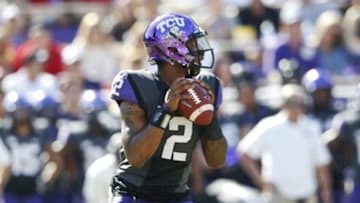 Oct 25, 2014; Fort Worth, TX, USA; TCU Horned Frogs quarterback Trevone Boykin (2) throws during the first half against the Texas Tech Red Raiders at Amon G. Carter Stadium. Mandatory Credit: Kevin Jairaj-USA TODAY Sports
