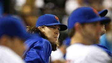Sep 2, 2016; New York City, NY, USA; New York Mets starting pitcher Jacob deGrom (48) watches game from the dugout in the fourth inning at Citi Field. Mandatory Credit: Noah K. Murray-USA TODAY Sports