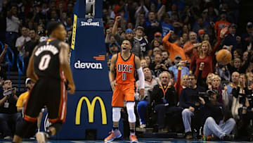 Jan 17, 2016; Oklahoma City, OK, USA; Oklahoma City Thunder guard Russell Westbrook (0) reacts after dunking the ball against the Miami Heat during the second quarter at Chesapeake Energy Arena. Mandatory Credit: Mark D. Smith-USA TODAY Sports