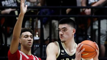 Indiana Hoosiers forward Trayce Jackson-Davis (23) defends Purdue Boilermakers center Zach Edey (15) during the NCAA men’s basketball game, Saturday, Feb. 25, 2023, at Mackey Arena in West Lafayette, Ind. Indiana Hoosiers won 79-71.Purdueiumbb022523 Am308