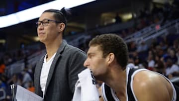 Nov 12, 2016; Phoenix, AZ, USA; Brooklyn Nets guard Jeremy Lin (left) looks on next to Brooklyn Nets center Brook Lopez (right) during the second half against the Phoenix Suns at Talking Stick Resort Arena. The Nets won 122-104. Mandatory Credit: Joe Camporeale-USA TODAY Sports