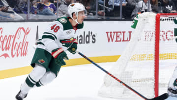 LOS ANGELES, CA - NOVEMBER 8: Jared Spurgeon #46 of the Minnesota Wild skates with the puck during the first period of the game against the Los Angeles Kings at STAPLES Center on November 8, 2018 in Los Angeles, California. (Photo by Adam Pantozzi/NHLI via Getty Images) *** Local Caption ***