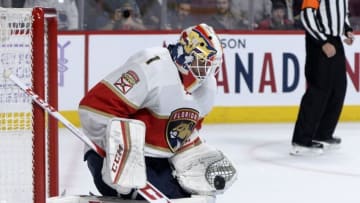 Nov 15, 2016; Montreal, Quebec, CAN; Florida Panthers goalie Roberto Luongo (1) makes a save during the second period of the game against the Montreal Canadiens at the Bell Centre. Mandatory Credit: Eric Bolte-USA TODAY Sports