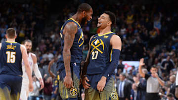 DENVER, CO - FEBRUARY 1: Will Barton #5 and Jamal Murray #27 of the Denver Nuggets celebrate during the game against the Oklahoma City Thunder on February 1, 2018 at the Pepsi Center in Denver, Colorado. NOTE TO USER: User expressly acknowledges and agrees that, by downloading and/or using this Photograph, user is consenting to the terms and conditions of the Getty Images License Agreement. Mandatory Copyright Notice: Copyright 2018 NBAE (Photo by Bart Young/NBAE via Getty Images)
