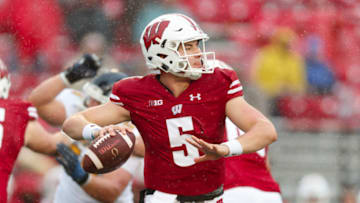 Oct 5, 2019; Madison, WI, USA; Wisconsin Badgers quarterback Graham Mertz (5) looks to throw during the fourth quarter against the Kent State Golden Flashes at Camp Randall Stadium. Mandatory Credit: Jeff Hanisch-USA TODAY Sports