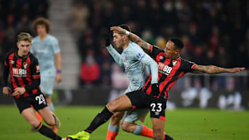 BOURNEMOUTH, ENGLAND - JANUARY 30: Nathaniel Clyne of AFC Bournemouth tackles Mateo Kovacic of Chelsea during the Premier League match between AFC Bournemouth and Chelsea FC at Vitality Stadium on January 29, 2019 in Bournemouth, United Kingdom. (Photo by Dan Mullan/Getty Images)