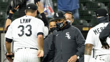 CHICAGO - APRIL 08: Lance Lynn #33 celebrates with Manager Tony La Russa #22 of the Chicago White Sox after Lynn pitched a complete game shutout during the 2021 White Sox home opener against the Kansas City Royals on April 8, 2021 at Guaranteed Rate Field in Chicago, Illinois. (Photo by Ron Vesely/Getty Images)