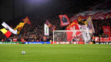 LIVERPOOL, ENGLAND - NOVEMBER 27: Liverpool fans show their support prior to the UEFA Champions League group E match between Liverpool FC and SSC Napoli at Anfield on November 27, 2019 in Liverpool, United Kingdom. (Photo by Michael Regan/Getty Images)