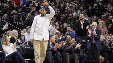 Jan 16, 2016; Auburn Hills, MI, USA; Detroit Pistons former player Rasheed Wallace waves to the crowd during the second quarter against the Golden State Warriors at The Palace of Auburn Hills. The Pistons won 113-95. Mandatory Credit: Raj Mehta-USA TODAY Sports