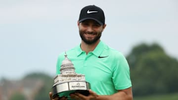 POTOMAC, MD - JULY 02: Kyle Stanley of the United States celebrates with the winner's trophy after defeating Charles Howell III of the United States during a playoff in the final round of the Quicken Loans National on July 2, 2017 TPC Potomac in Potomac, Maryland. (Photo by Patrick Smith/Getty Images)