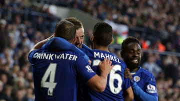 WEST BROMWICH, ENGLAND - OCTOBER 31: Jamie Vardy (Centre) of Leicester City celebrates after he scores the third goal of the game for his side with team-mates (L to R) Danny Drinkwater, Riyad Mahrez and Nathan Dyer during the Barclays Premier League match between West Bromwich Albion and Leicester City at the Hawthorns on October 31, 2015 in West Bromwich, England. (Photo by Clint Hughes/Getty Images)