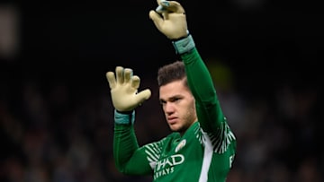 MANCHESTER, ENGLAND - DECEMBER 03: City goalkeeper Ederson Moraes reacts during the Premier League match between Manchester City and West Ham United at Etihad Stadium on December 3, 2017 in Manchester, England. (Photo by Stu Forster/Getty Images)