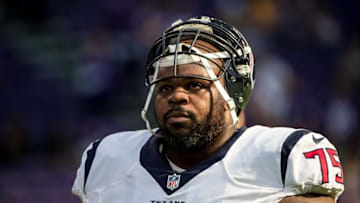 Oct 9, 2016; Minneapolis, MN, USA; Houston Texans defensive tackle Vince Wilfork (75) against the Minnesota Vikings at U.S. Bank Stadium. The Vikings defeated the Texans 31-13. Mandatory Credit: Brace Hemmelgarn-USA TODAY Sports