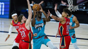 Nicolo Melli #20 and Jaxson Hayes #10 of the New Orleans Pelicans d (Photo by Ashley Landis - Pool/Getty Images)