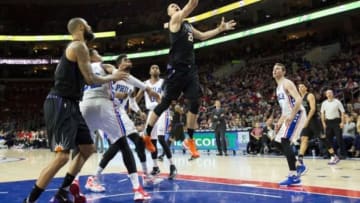 Jan 26, 2016; Philadelphia, PA, USA; Phoenix Suns center Alex Len (21) scores against the Philadelphia 76ers during the first half at Wells Fargo Center. Mandatory Credit: Bill Streicher-USA TODAY Sports