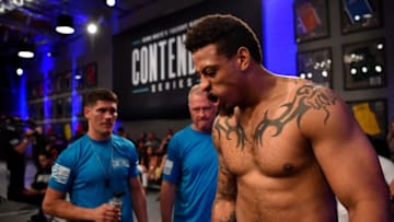 LAS VEGAS, NV - JUNE 12: Greg Hardy prepares to enter the Octagon prior to his heavyweight bout against Austen Lane during Dana White's Tuesday Night Contender Series at the TUF Gym on June 12, 2018 in Las Vegas, Nevada. (Photo by Jeff Bottari/DWTNCS LLC)